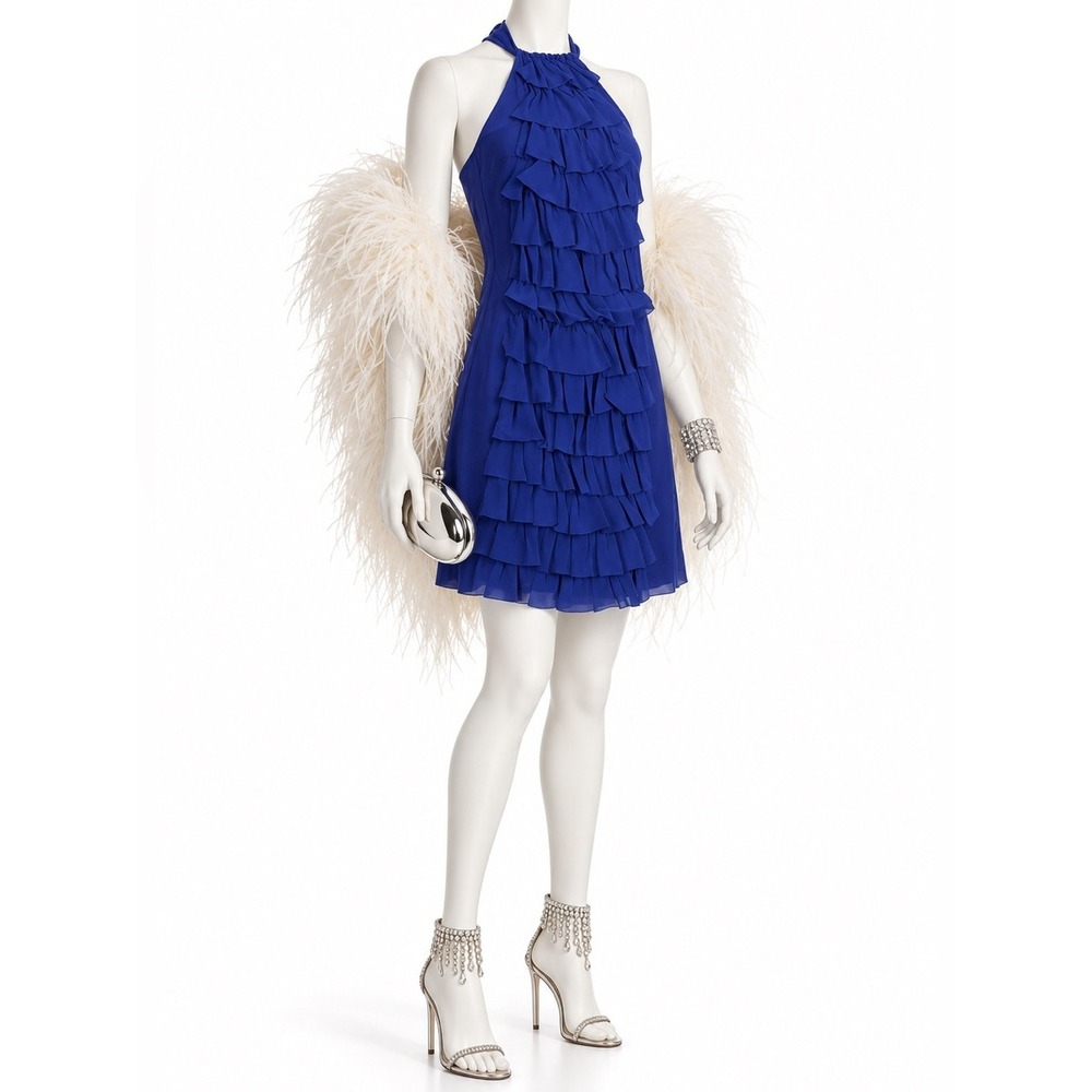 VA ET VIEN Royal Blue 100% Silk Ruffle Halter Bow Back Holiday Mini Dress | Sz 0